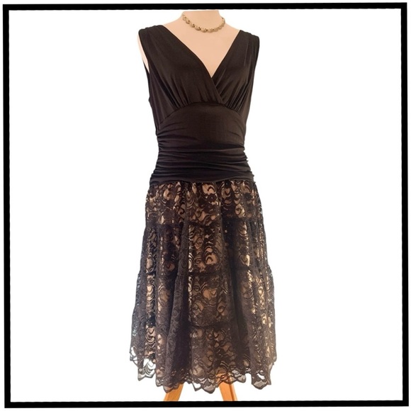J.R. Nites byCarol Lin Fit & Flare Black Lace / Champagne Cocktail Dress [Sz 14] - Picture 1 of 13